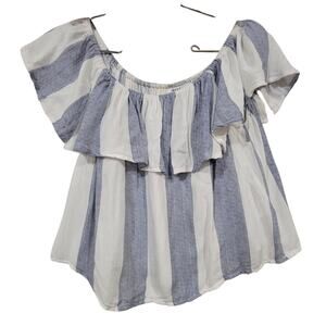 Womens Small Linen Off Shoulder Crop Top Ruffle Neckline Striped Coastal Preppy